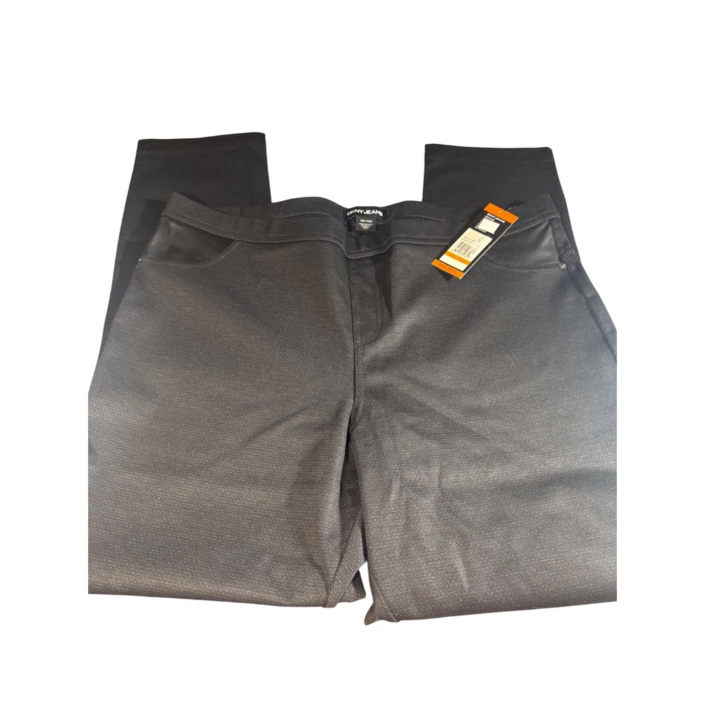 DKNY Jeans Womens XXL Charcoal Grey Metallic Ponte Pull On Pants Leather Trim